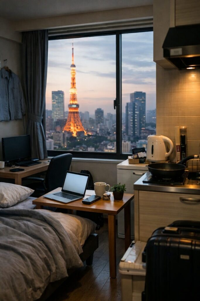 alt="単身赴任で東京の1Kに一人暮らしを始めた部屋の様子"