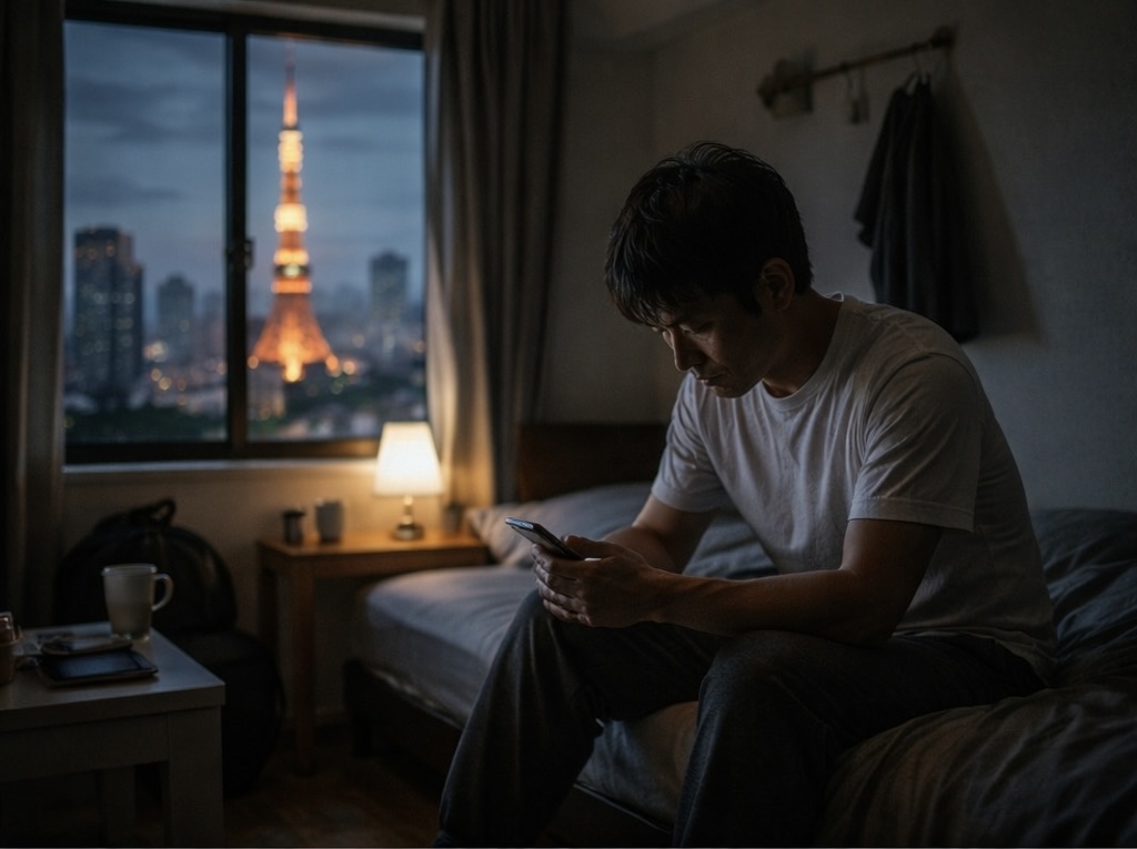 alt="単身赴任で東京の1Kに住み、夜に一人でスマホを見る男性の様子"